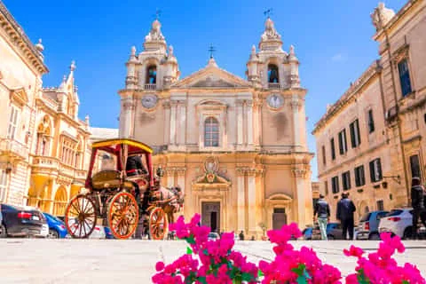 Katedrala svetog Pavla u Mdini s tradicionalnom konjskom kočijom i bugenvilijama u prvom planu